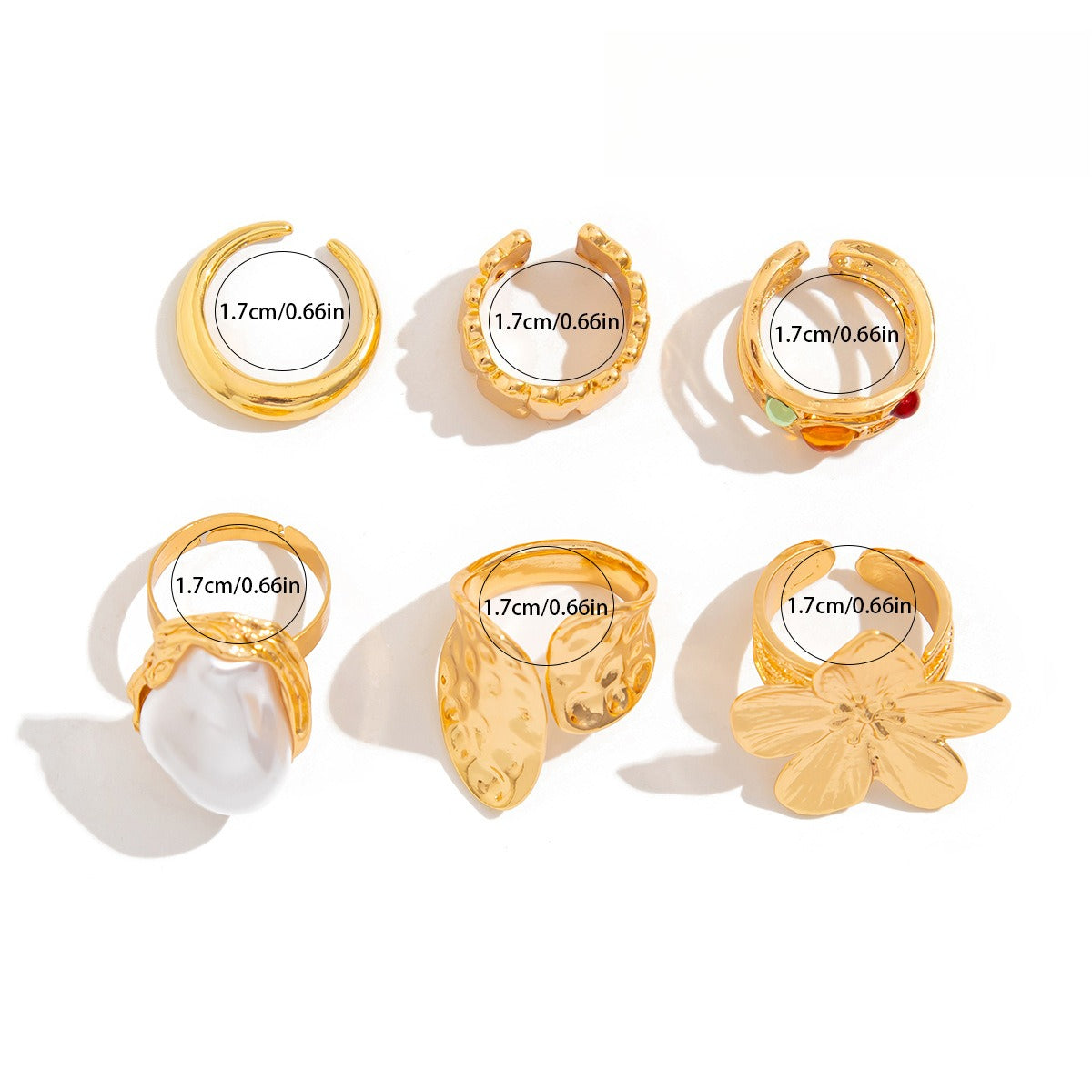 6-Piece Baroque Pearl Floral Adjustable Ring Set