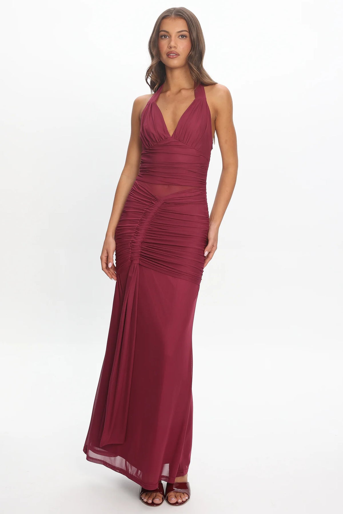 Luli Ruched Halterneck Maxi Dress Burgundy