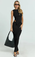 Klarisse Two Piece Top and Skirt Set - Asym Top and Maxi Skirt Set in Black