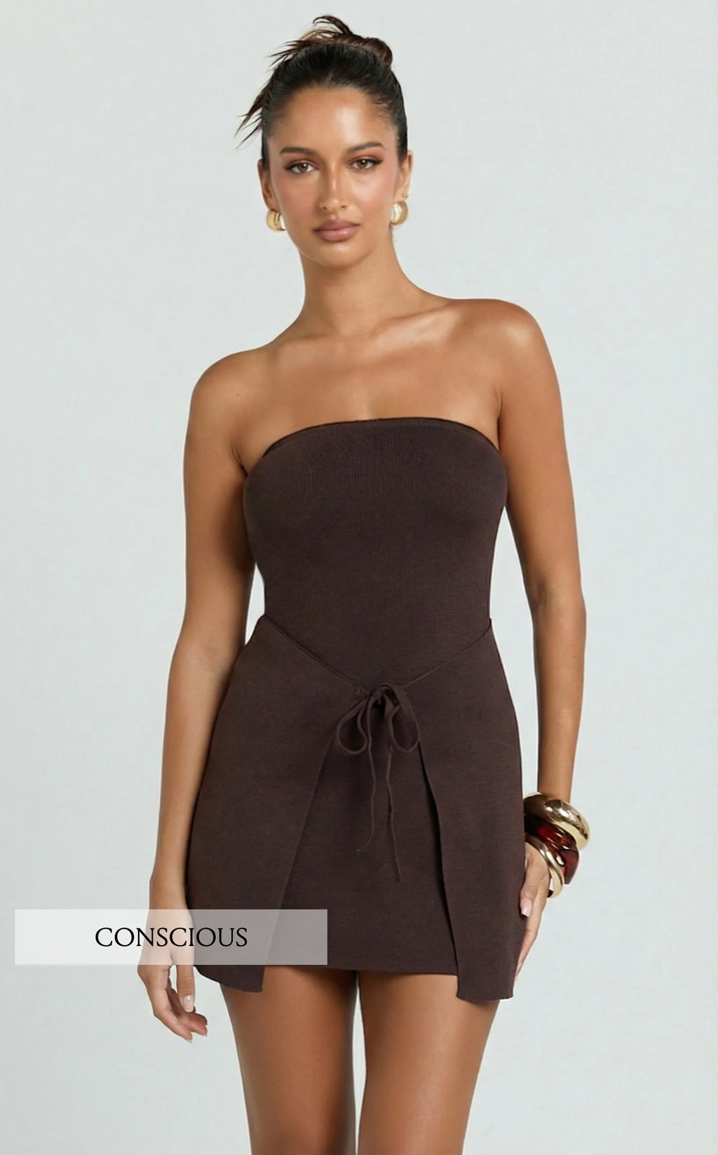 Strapless Asymmetric Front Wrap Knit Dress in Chocolate