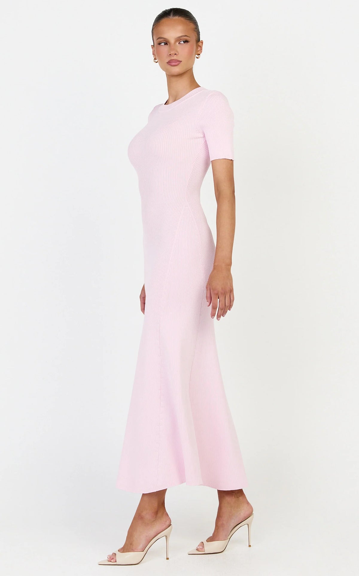 Knitted Crew Neck Short Sleeve Dress in Pink