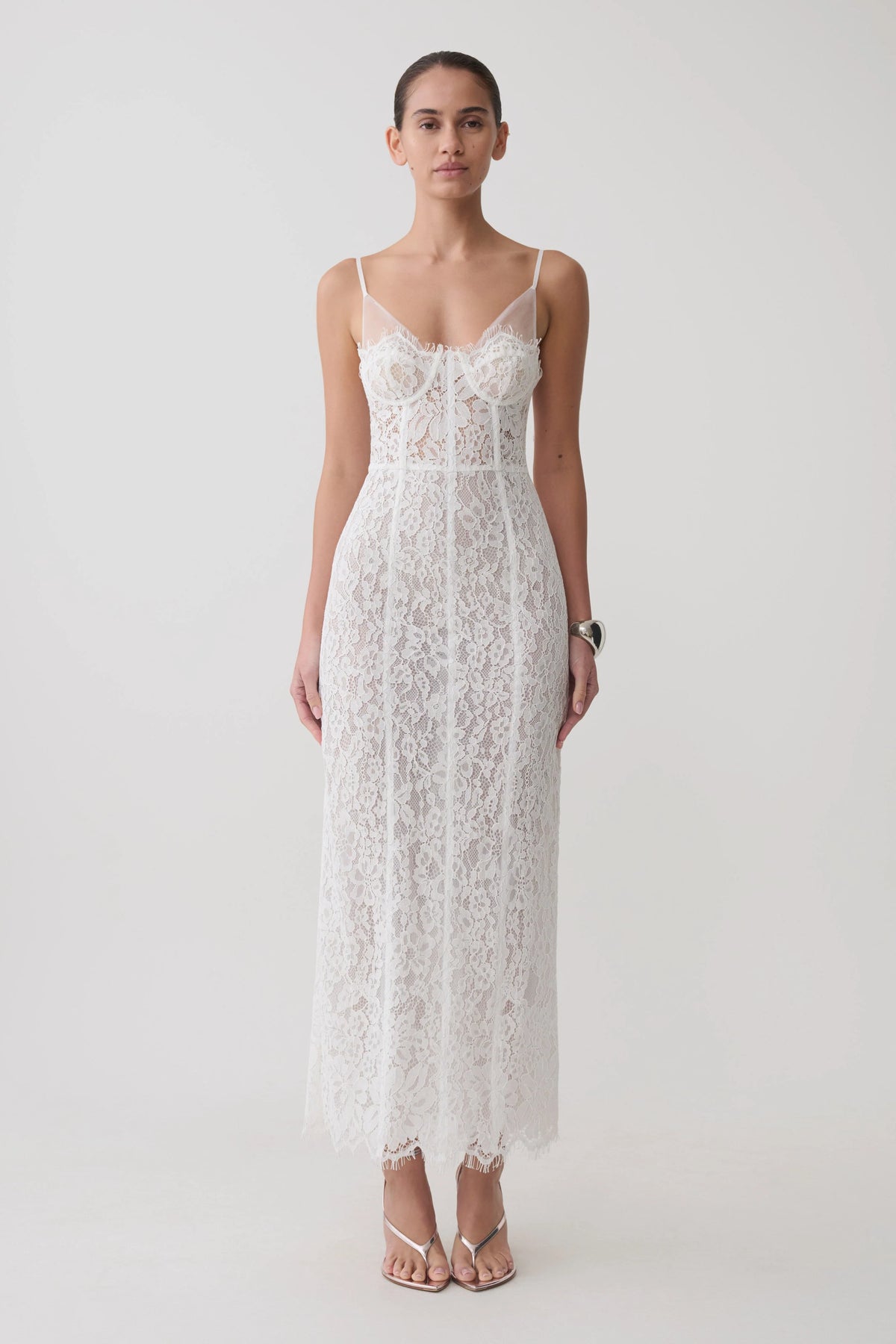 Ottilie Lace And Mesh Midi Dress - White