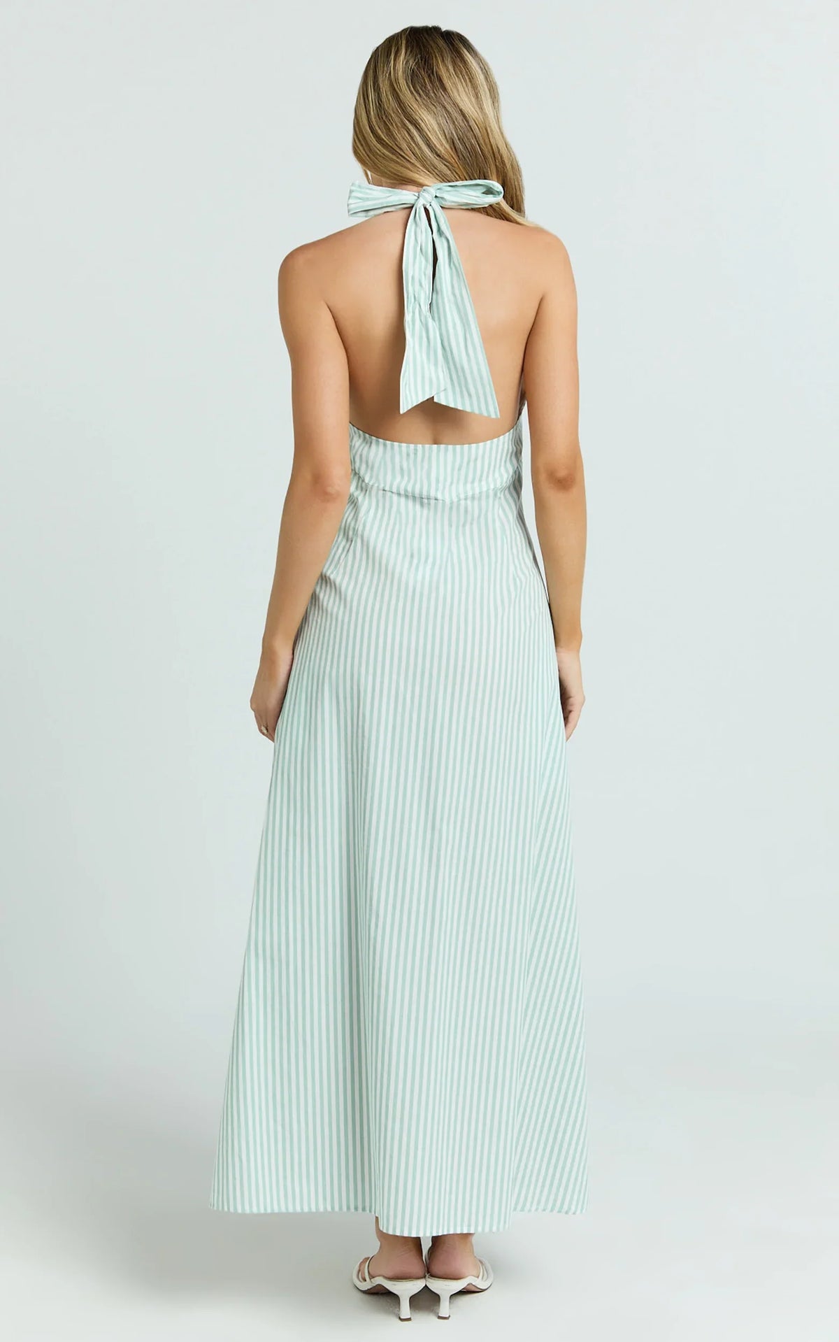 Jeienn Midi Dress - Ruched Shoulder Bodice A Line Placket Front Skirt Dress in Mint Stripe