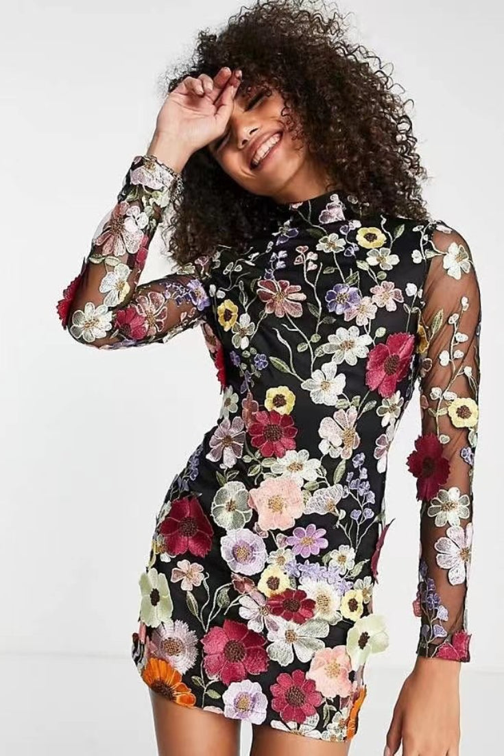 3D Floral Embroidery Bodycon Floral Dress