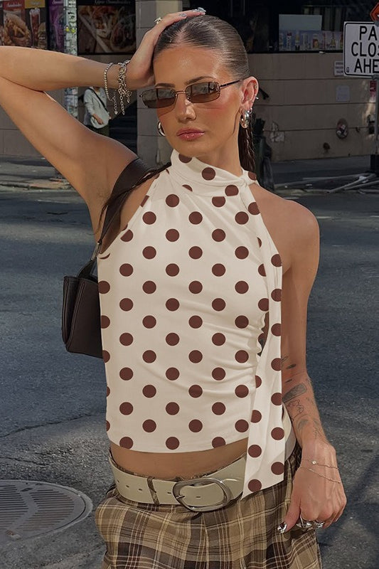 Apricot Polka Dot Tie Neck Sleeveless Halter Top