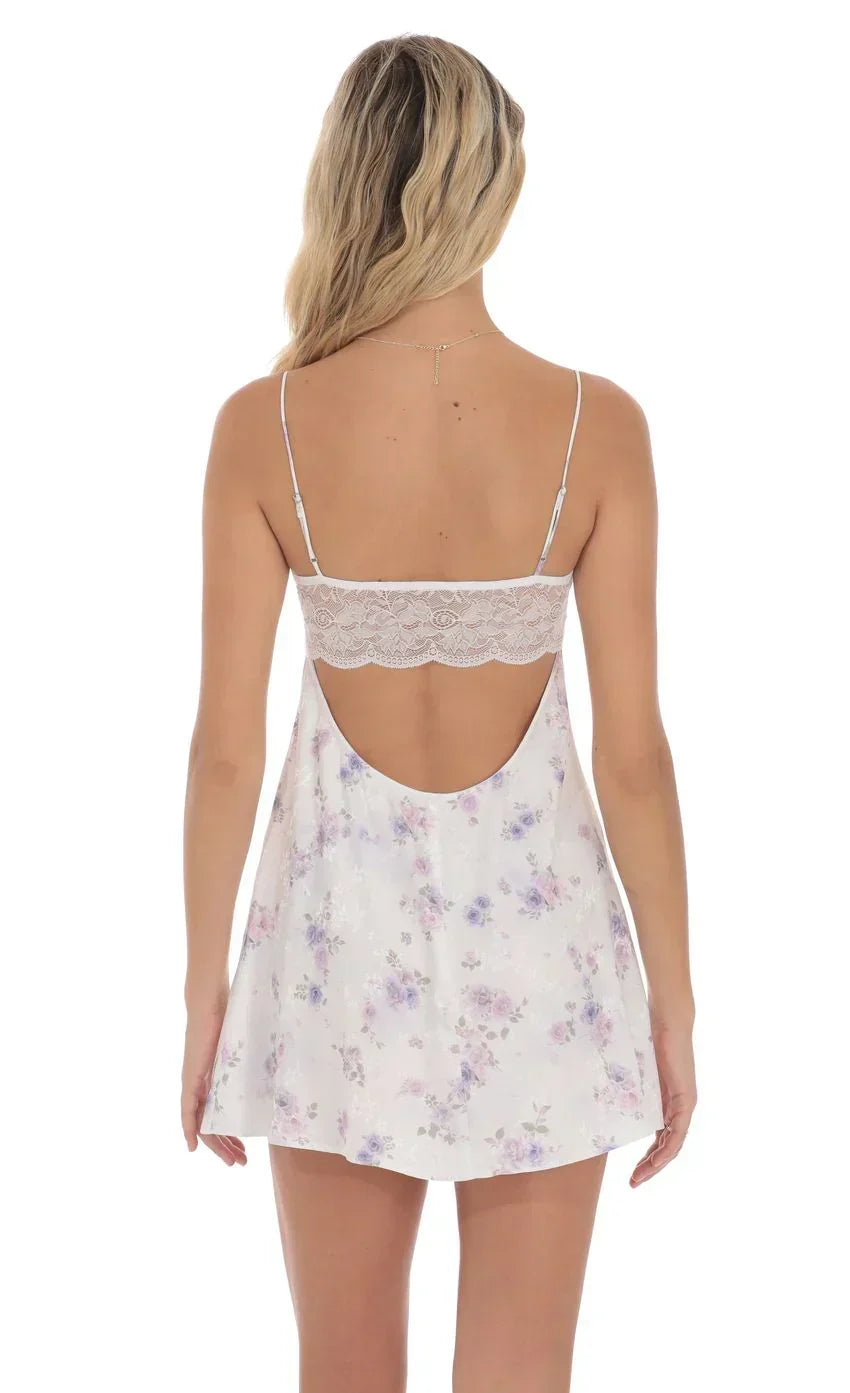 Satin Floral Back Lace Dress in White