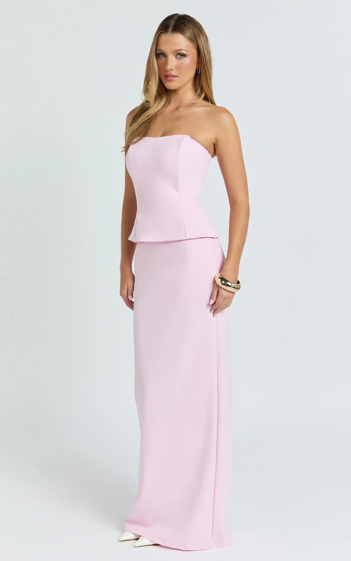 Anya Two Piece Top and Skirt Set - Strapless Fit And Flare Top And Maxi Skirt in Pink