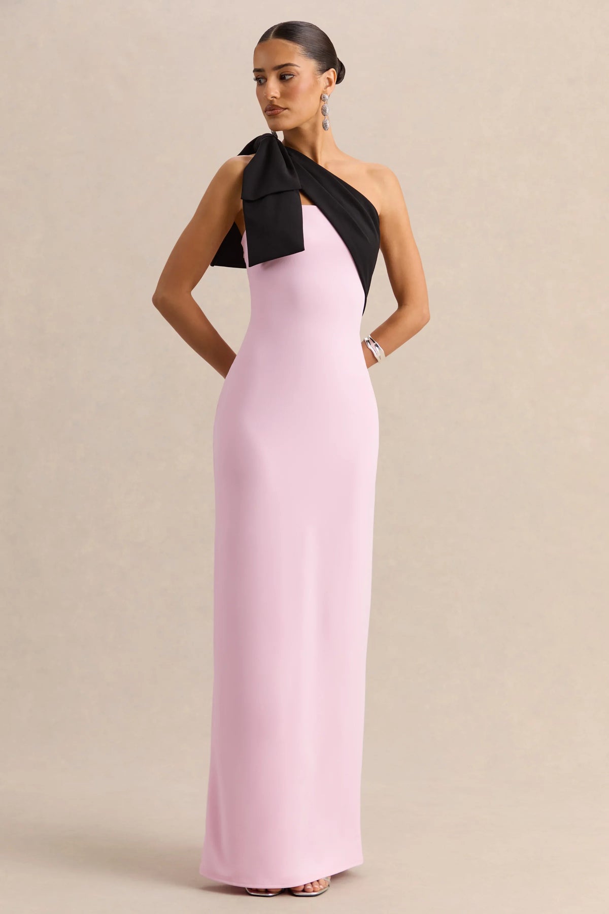 Adara | Pink & Black Asymmetric-Neck Maxi Dress With Bow-Detail