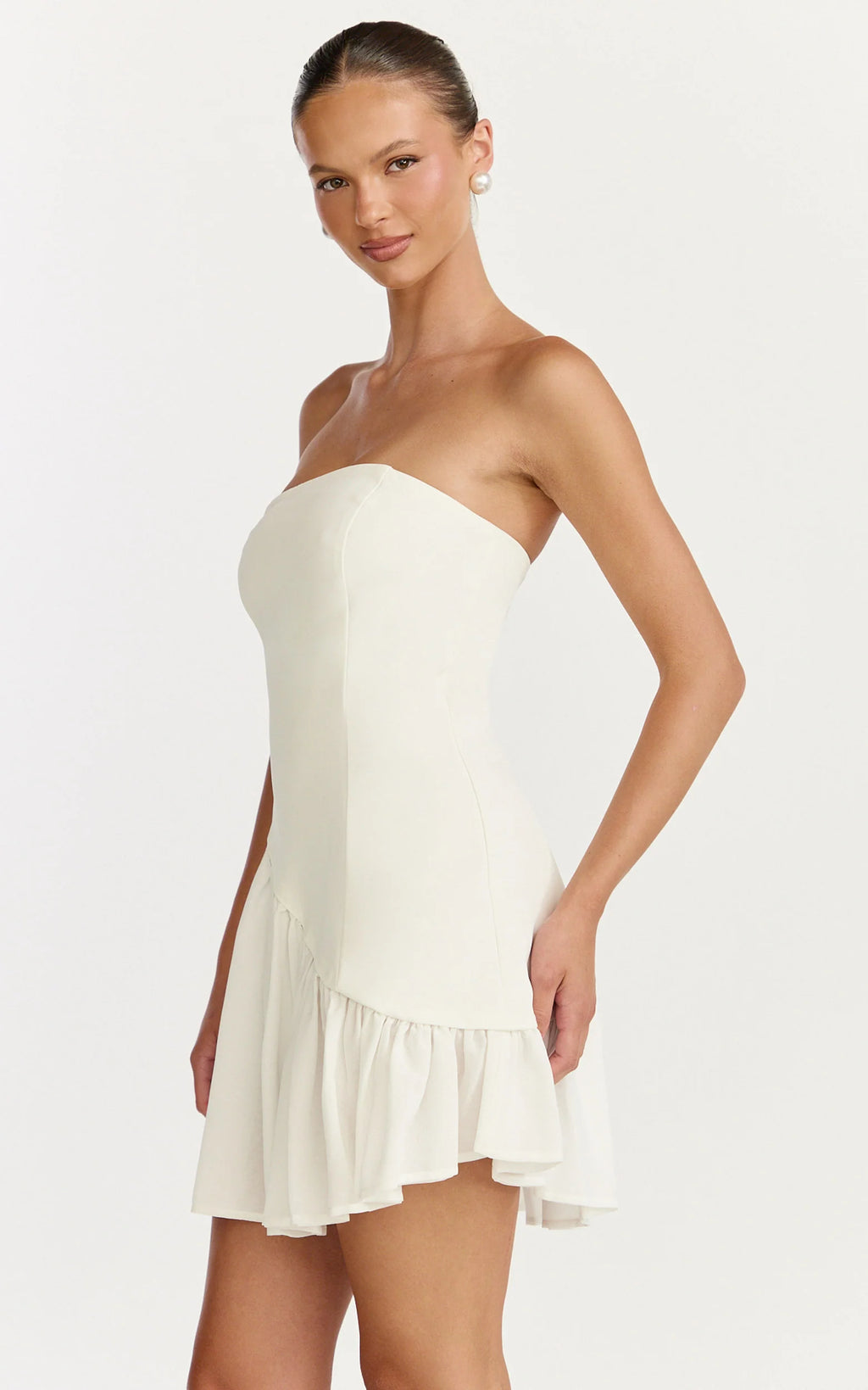 Strapless Gathered Asymmetric Dropped Waist Dress in White