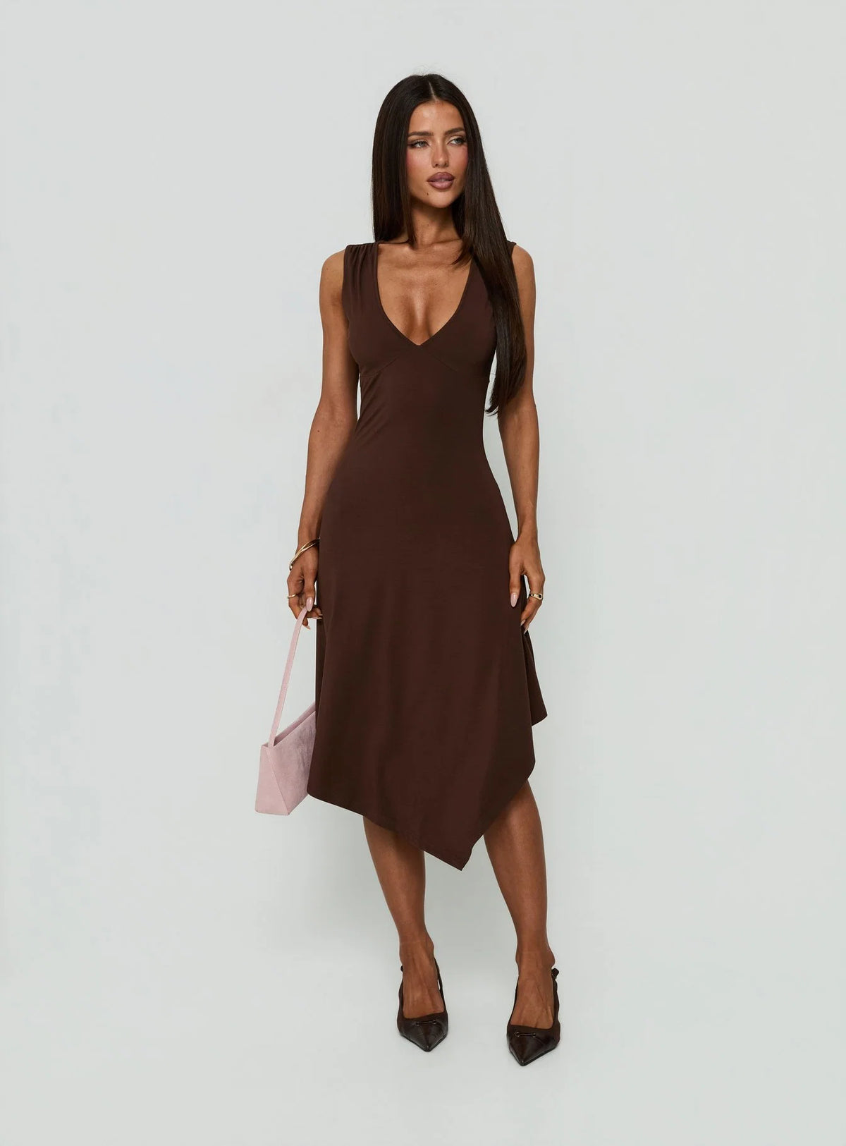Louisia V Neck Hanky Hem Midi Dress Brown
