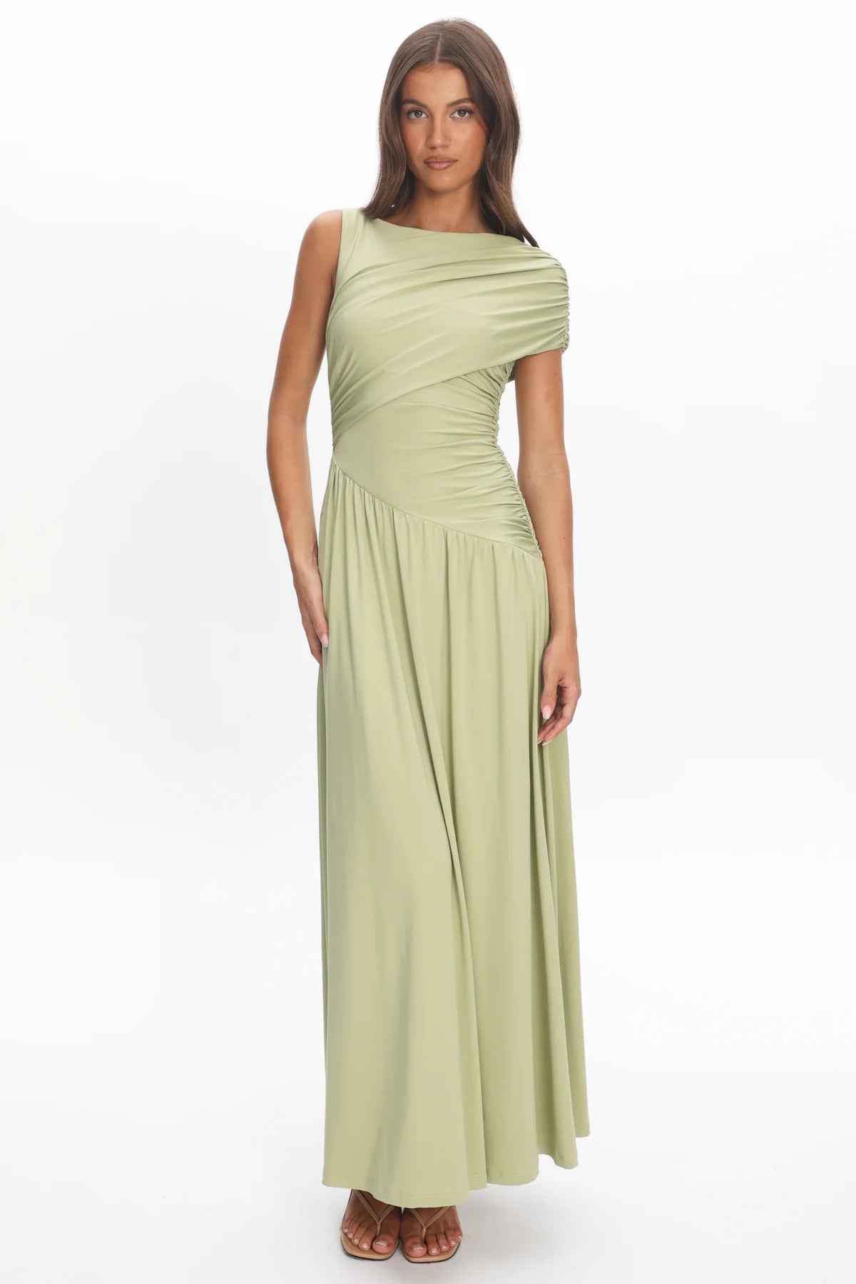 Adiel Ruched Asymmetric Waist Maxi Dress Olive