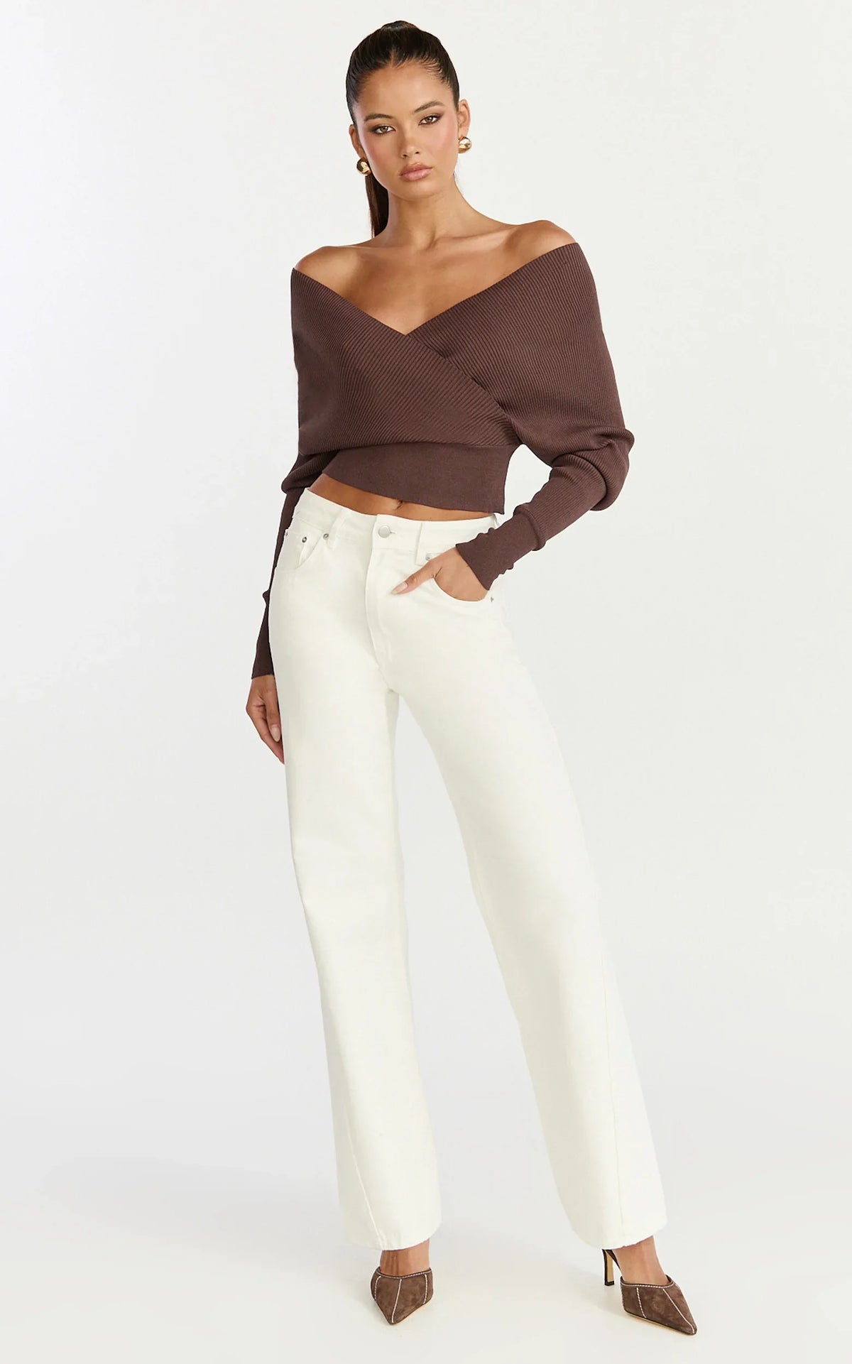 Petra Top - Long Sleeve Wrap Ribbed Knit Top in Chocolate