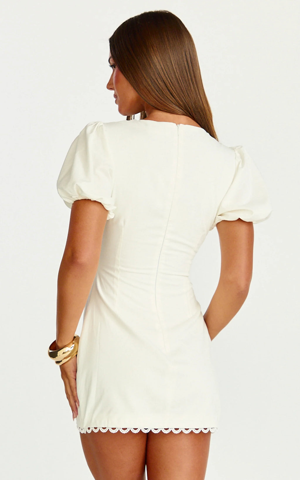V Neck Puff Sleeve Dress in White
