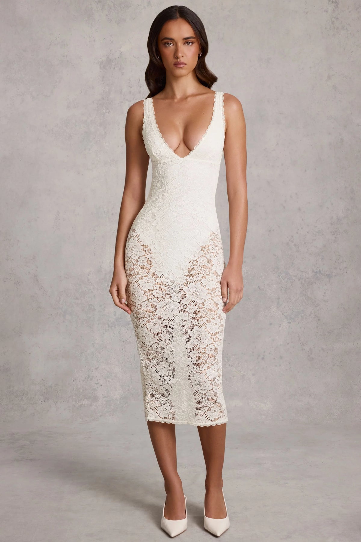 Sheer Lace Scalloped Plunge Bodysuit Midaxi Dress in White