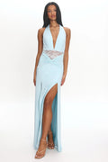 Swan Song Ruched Slit Maxi Dress Blue