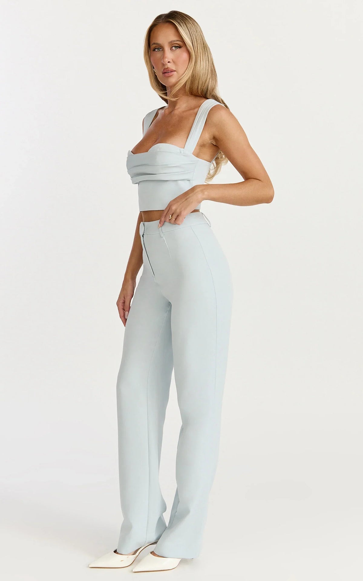 Kenna Two Piece Set - Gathered Bust Top And High Waist Straight Leg Pants Set in Baby Blue