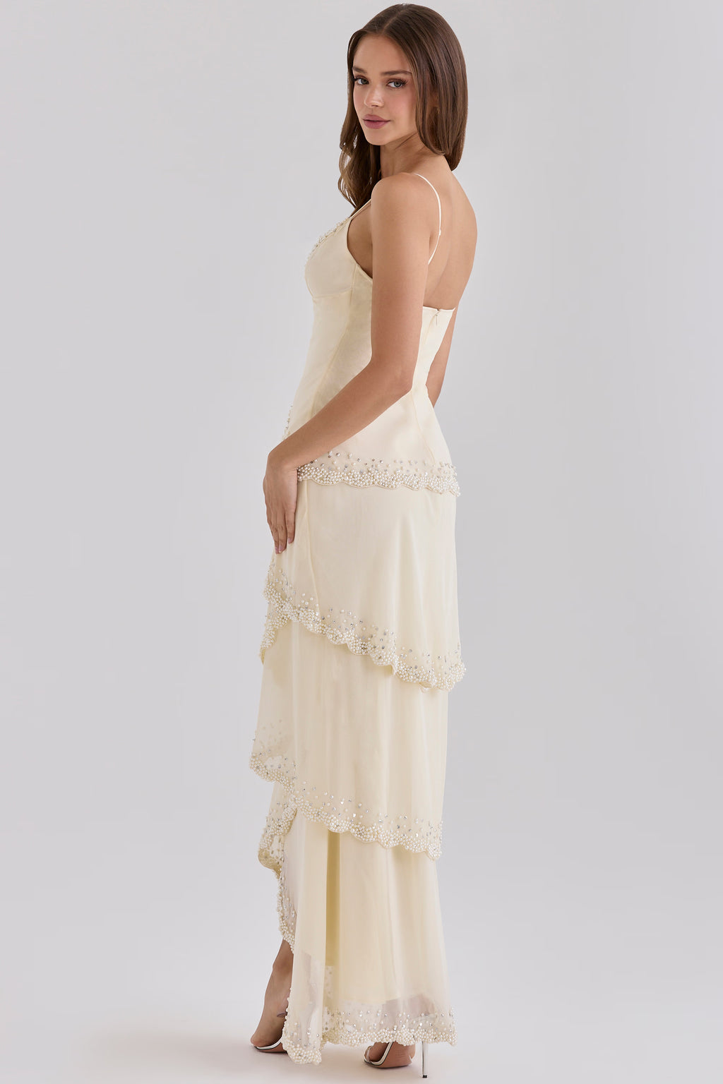 vanilla georgette hand embellished tiered maxi dress - limited edition