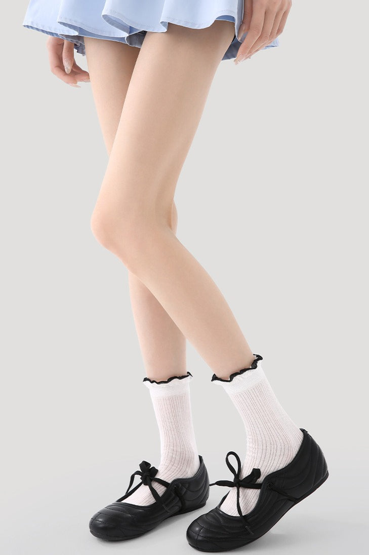 5 Pack Striped Polka Dot Ribbed Cuff Micro Mesh Cotton Socks