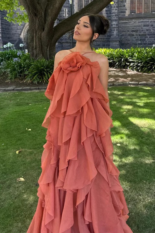 3D Floral Halter Spaghetti Strap Elegant Prom Dress