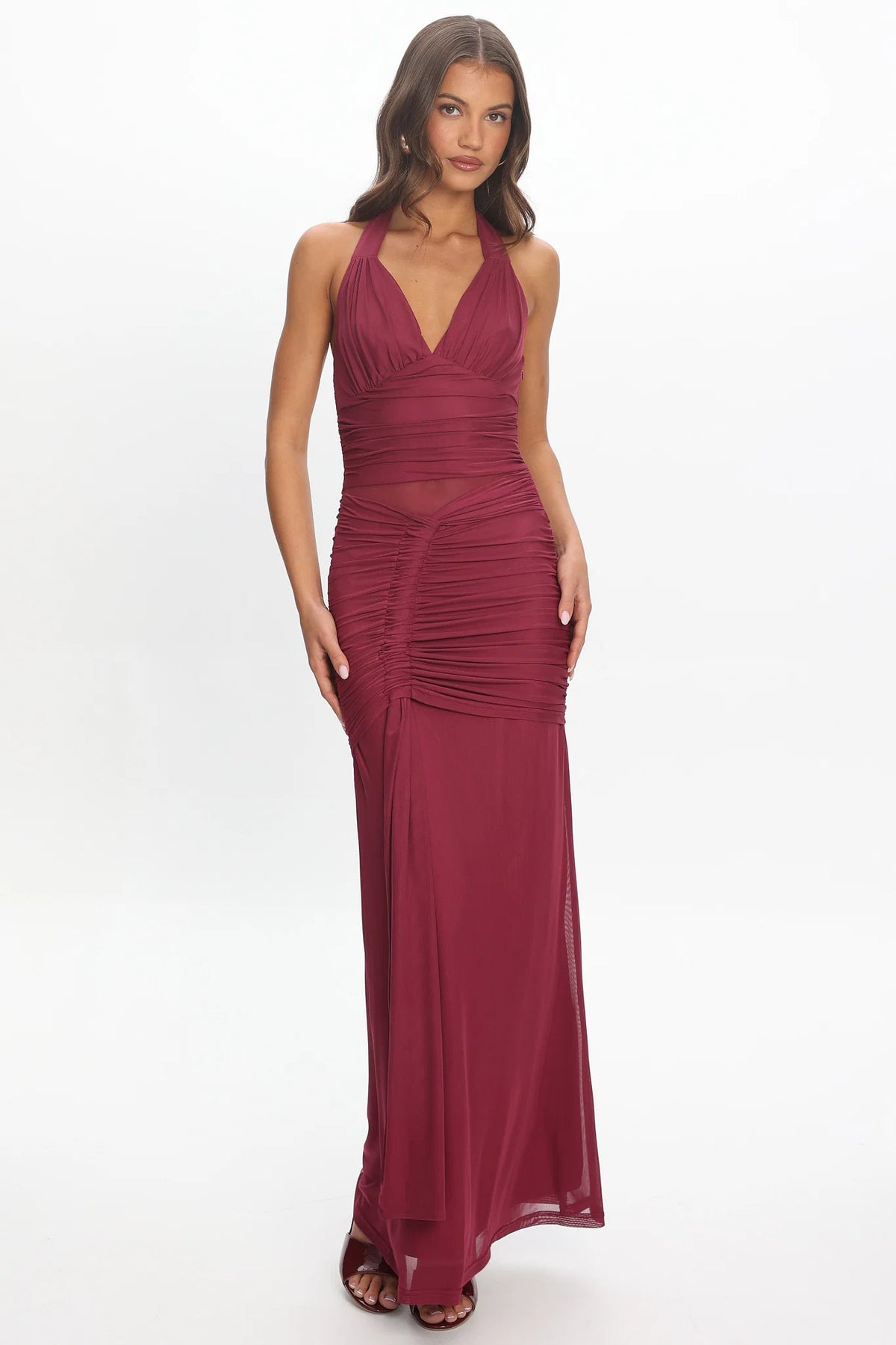 Luli Ruched Halterneck Maxi Dress Burgundy