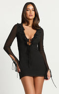 Ruffle Plunge Neck Long Sleeve Tie Detail Dress in Black