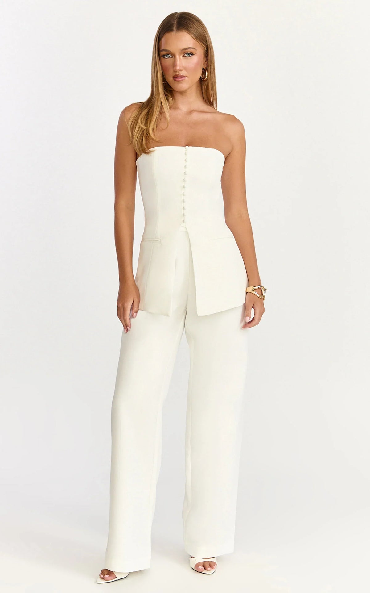 Amelia Two Piece Top and Pant Set - Strapless Button Down Top And Tailored Wide Leg Pants Set in White