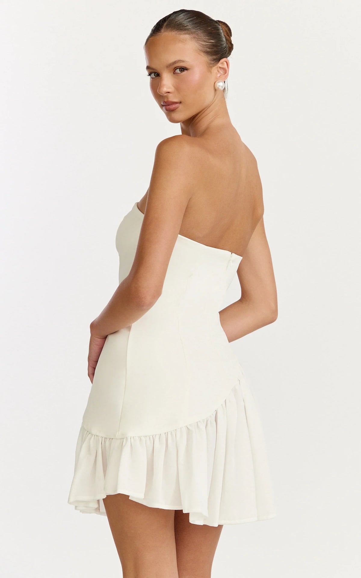 Strapless Gathered Asymmetric Dropped Waist Dress in White