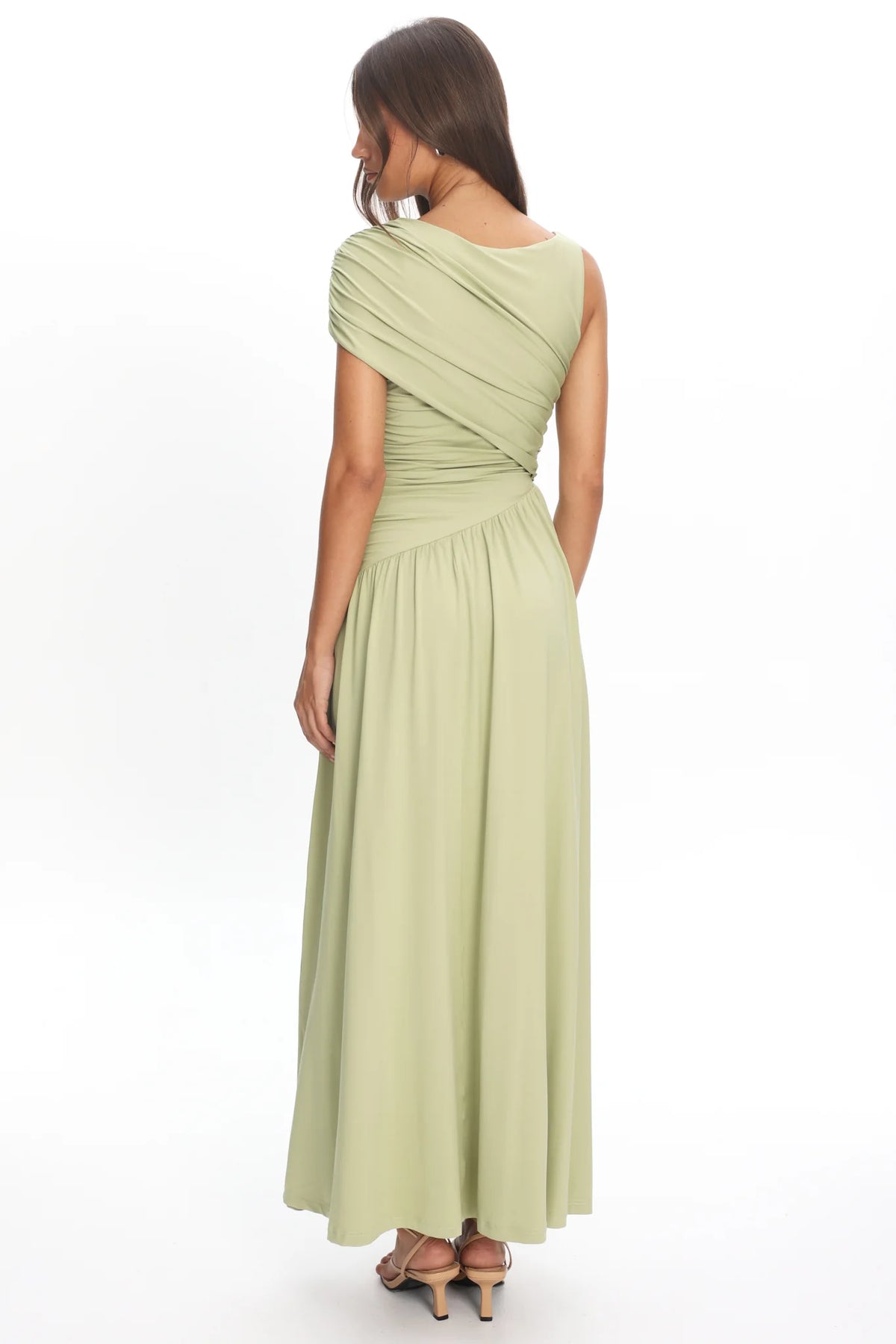 Adiel Ruched Asymmetric Waist Maxi Dress Olive