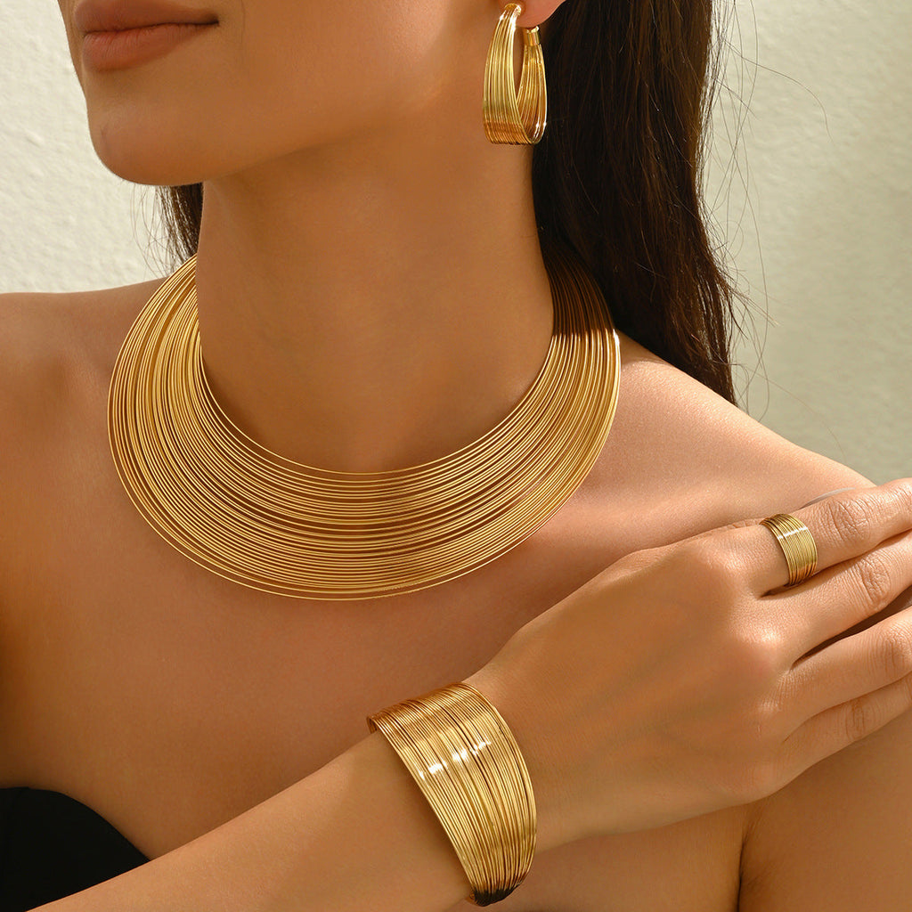 5 Piece Multi Layer Metal Bracelet. Ring. Earrings & Necklace Set