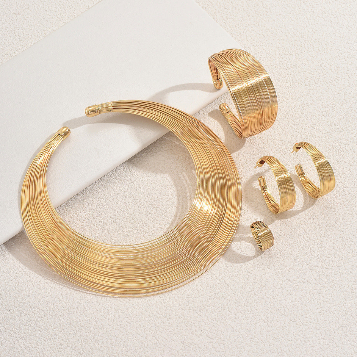 5 Piece Multi Layer Metal Bracelet. Ring. Earrings & Necklace Set
