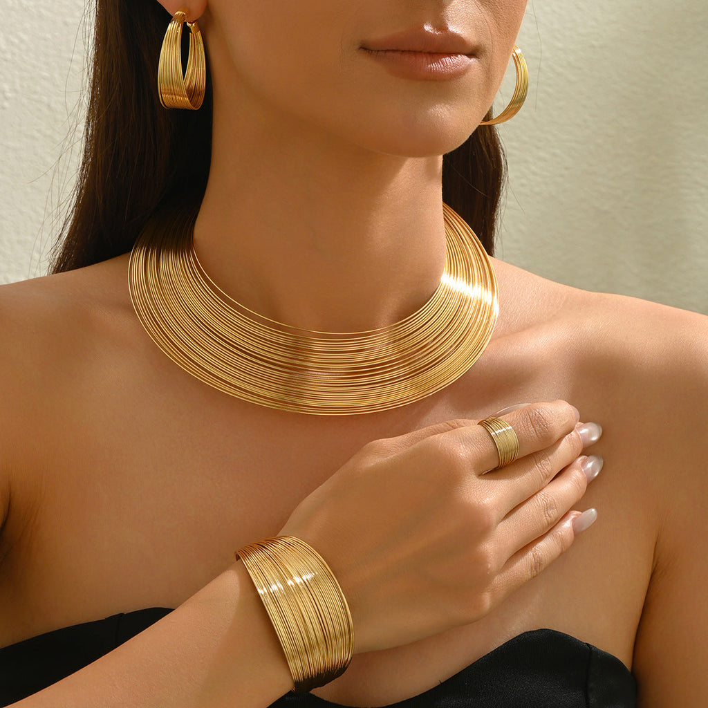 5 Piece Multi Layer Metal Bracelet. Ring. Earrings & Necklace Set