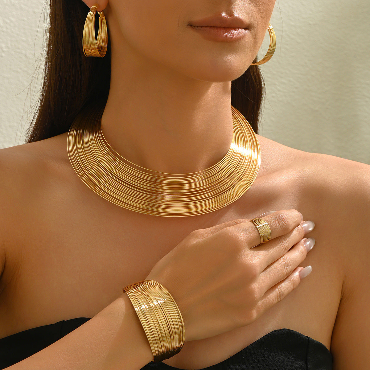 5 Piece Multi Layer Metal Bracelet. Ring. Earrings & Necklace Set