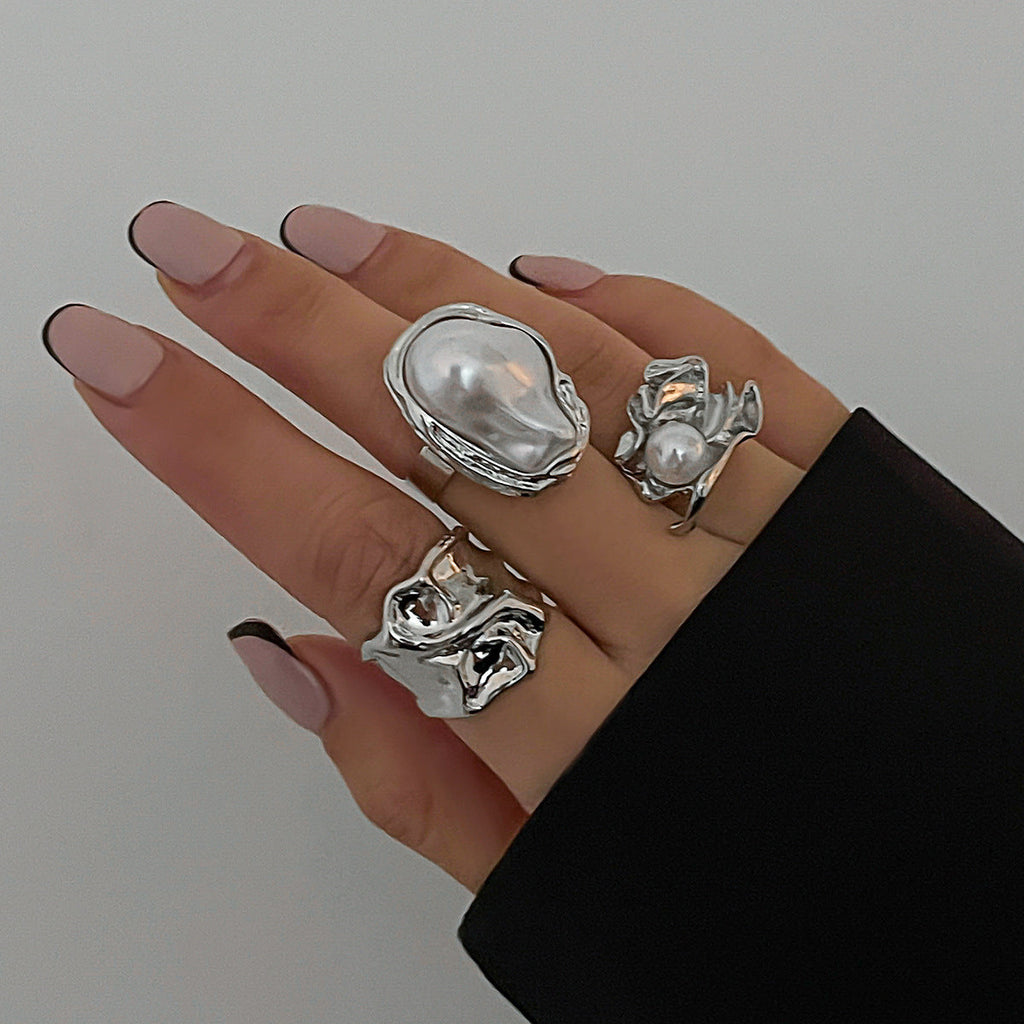 3-Piece Liquid Metal Baroque Pearl Hug Ring Set