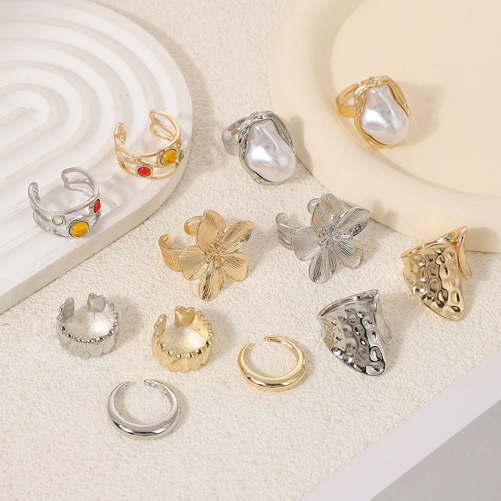 6-Piece Baroque Pearl Floral Adjustable Ring Set