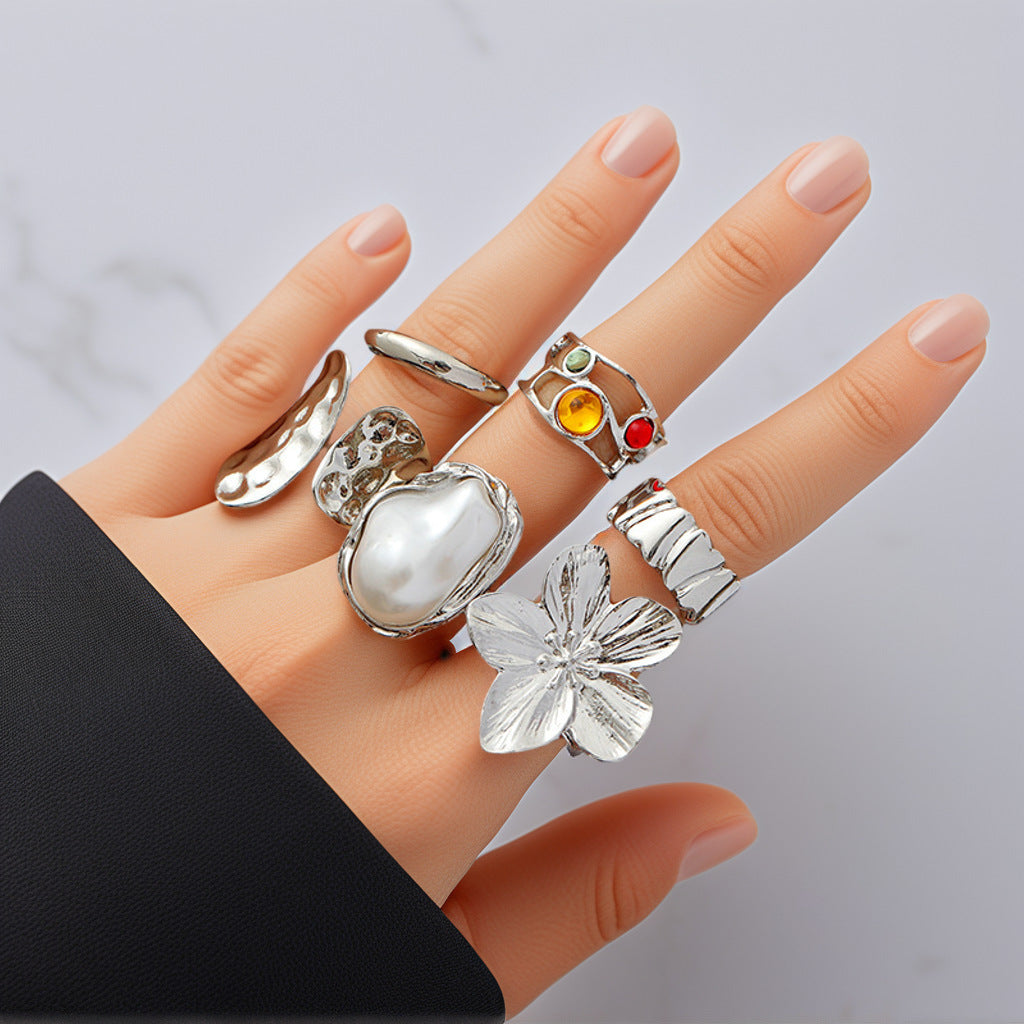 6-Piece Baroque Pearl Floral Adjustable Ring Set