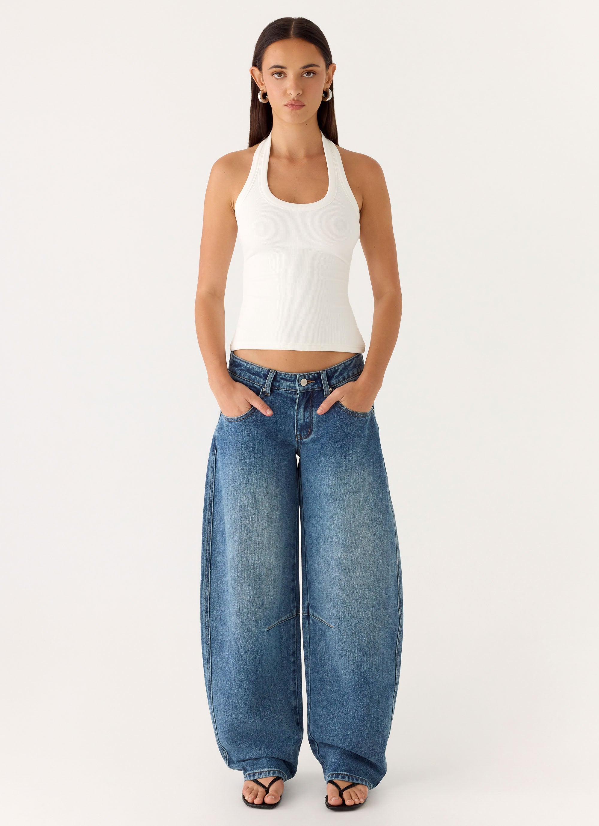 Stevie Low Rise Barrel Leg Denim Jeans - Mid Wash Blue
