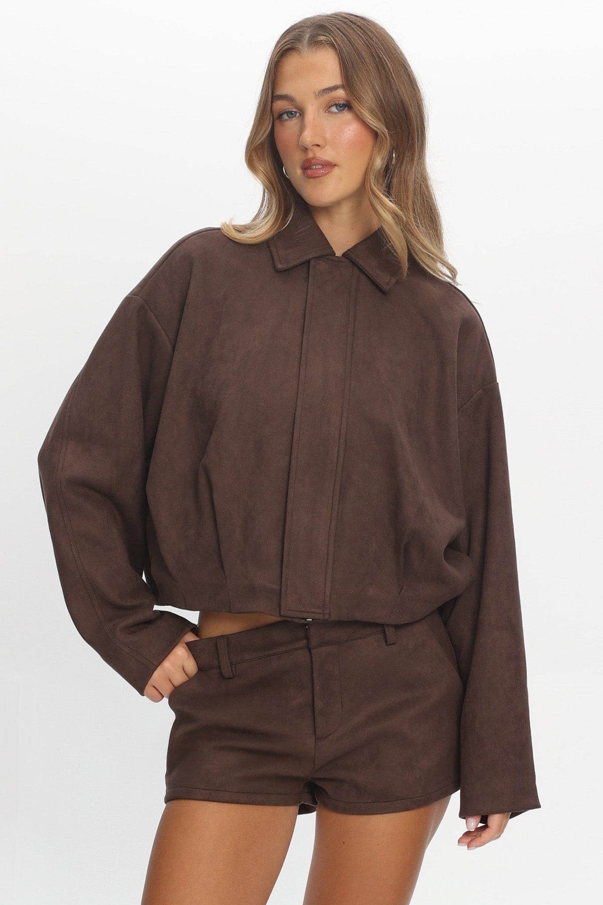 Off the Cuff High-Waisted Suede Shorts Chocolate