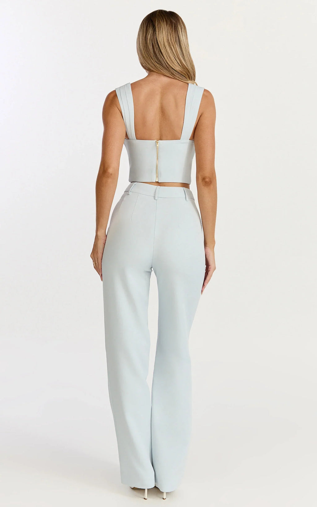 Kenna Two Piece Set - Gathered Bust Top And High Waist Straight Leg Pants Set in Baby Blue