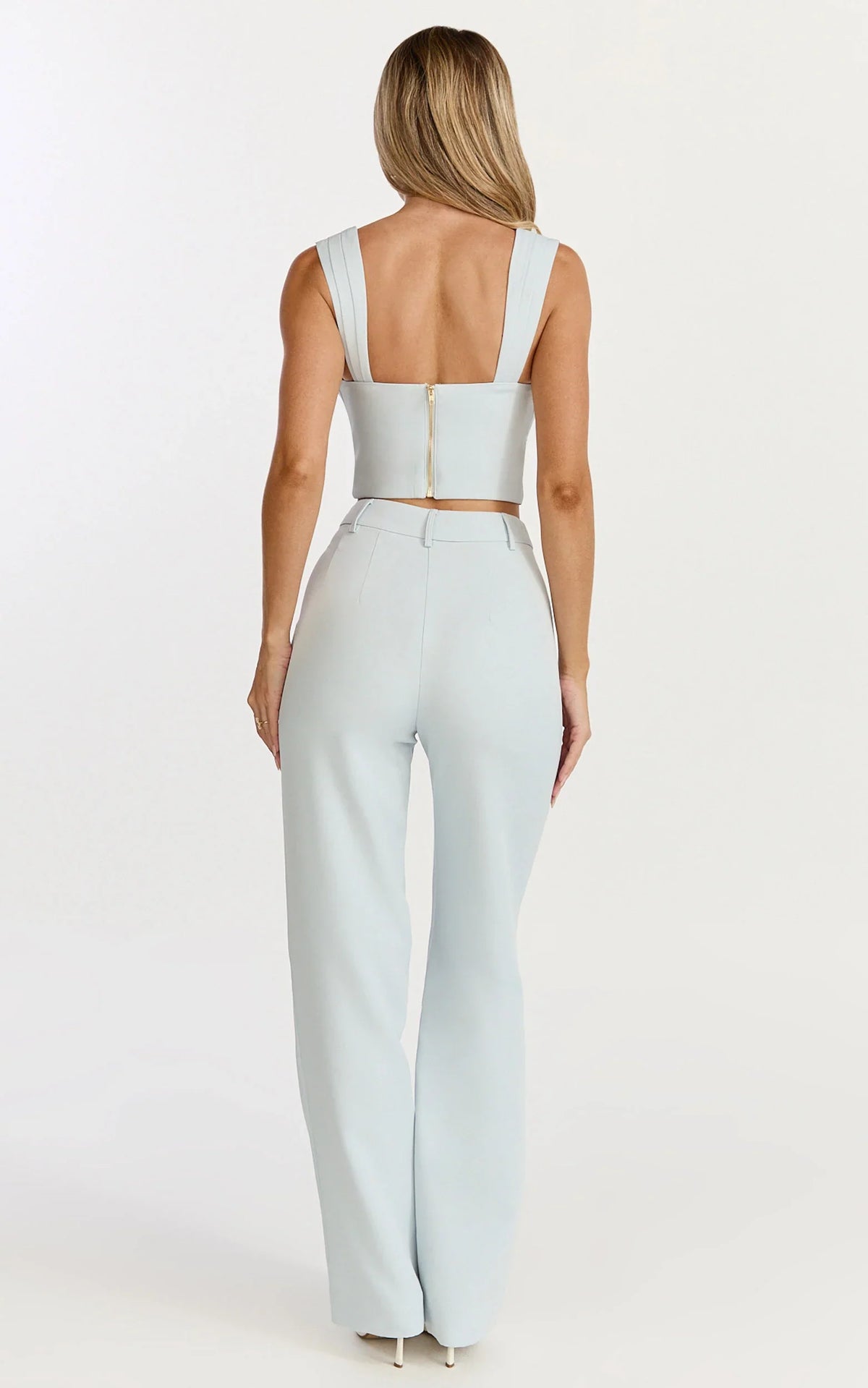Kenna Two Piece Set - Gathered Bust Top And High Waist Straight Leg Pants Set in Baby Blue