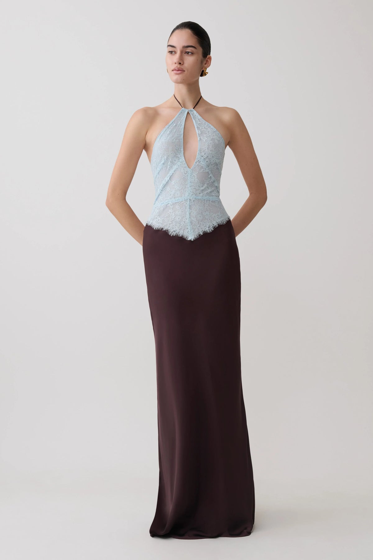 Sascha Lace And Satin Halter Maxi Dress - Ice Blue/Chocolate