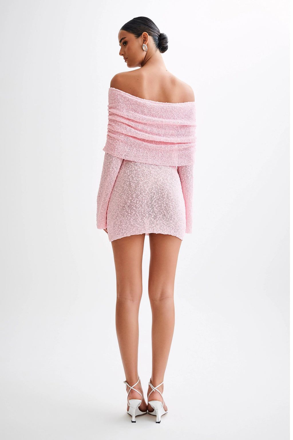 Marisol Off Shoulder Boucle Mini Dress - Baby Pink