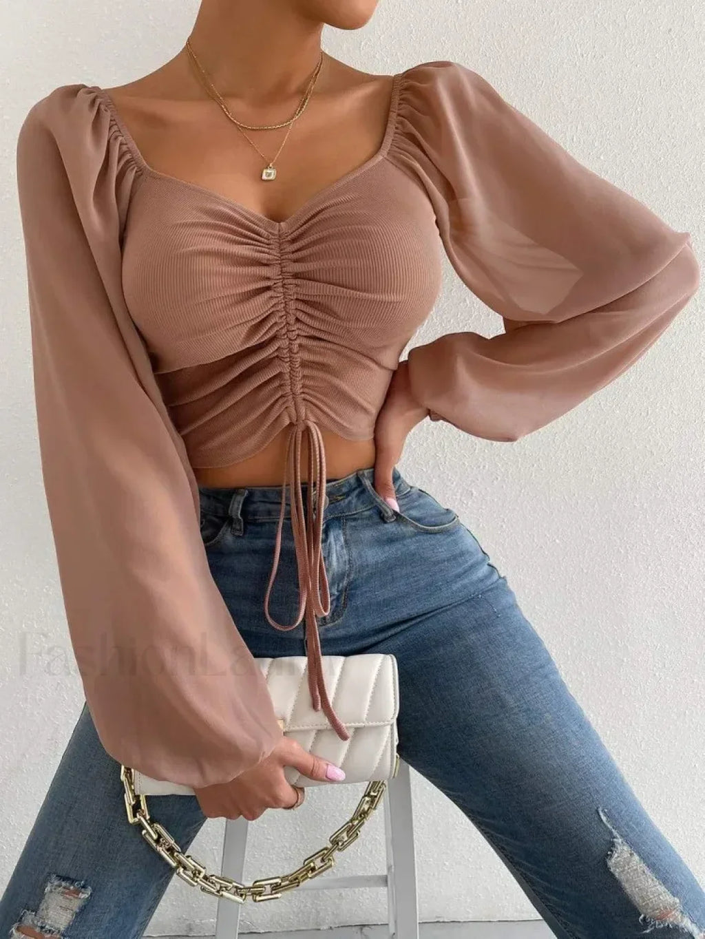 ALLUKASA Sexy Mesh Lantern Sleeve Crop Top