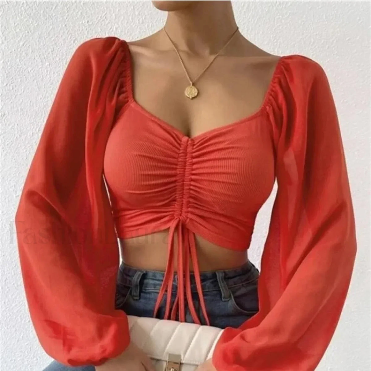ALLUKASA Sexy Mesh Lantern Sleeve Crop Top