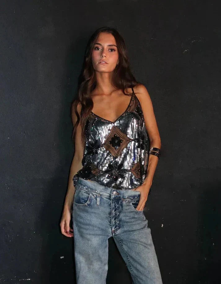Klara | Women'S Sleeveless Sequin Glitter Festival Party Top