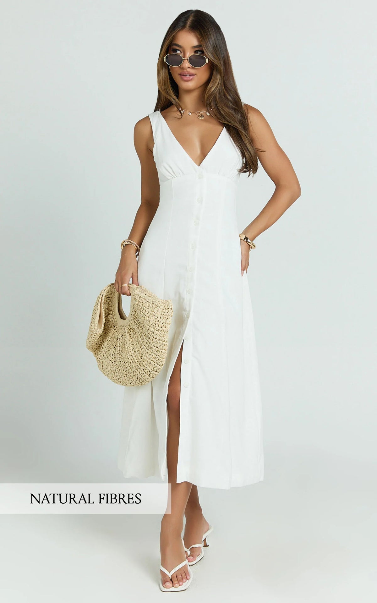 V Neck Sleeveless Under Bust Seam Circular Skirt Dress in White