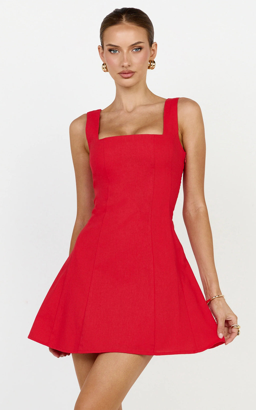 Linen Square Neck Shirred Back A Line Dress in Red