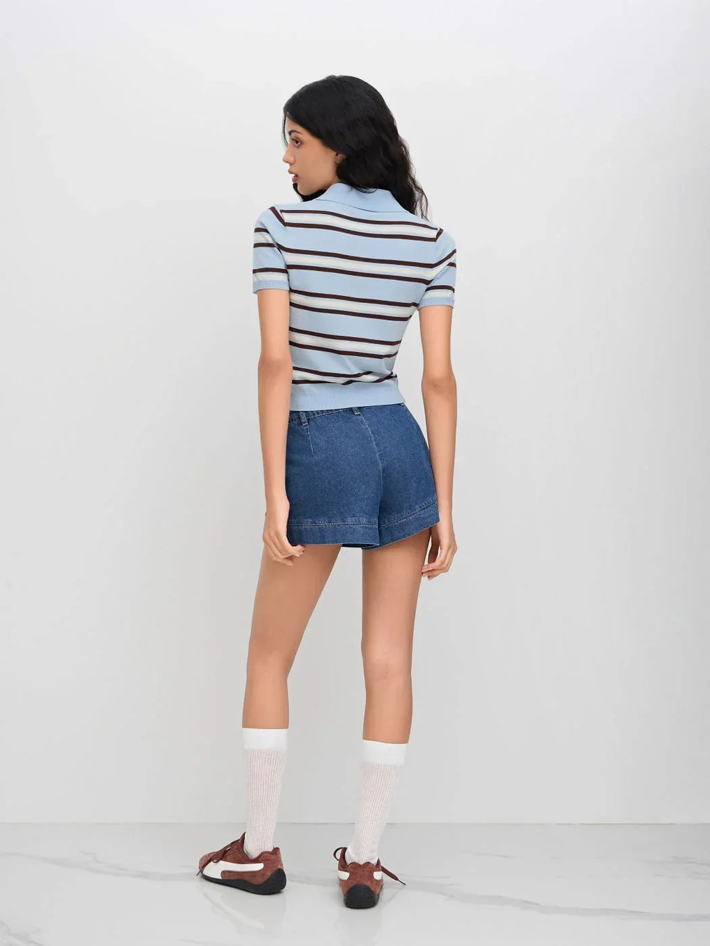 Knit Polo Collar Stripe Short Sleeve Top
