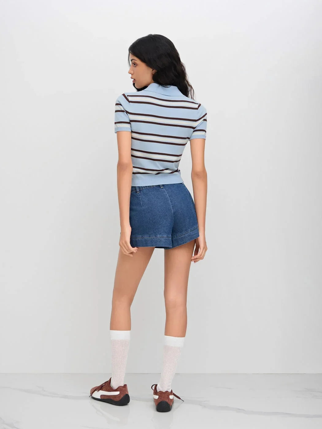 Knit Polo Collar Stripe Short Sleeve Top