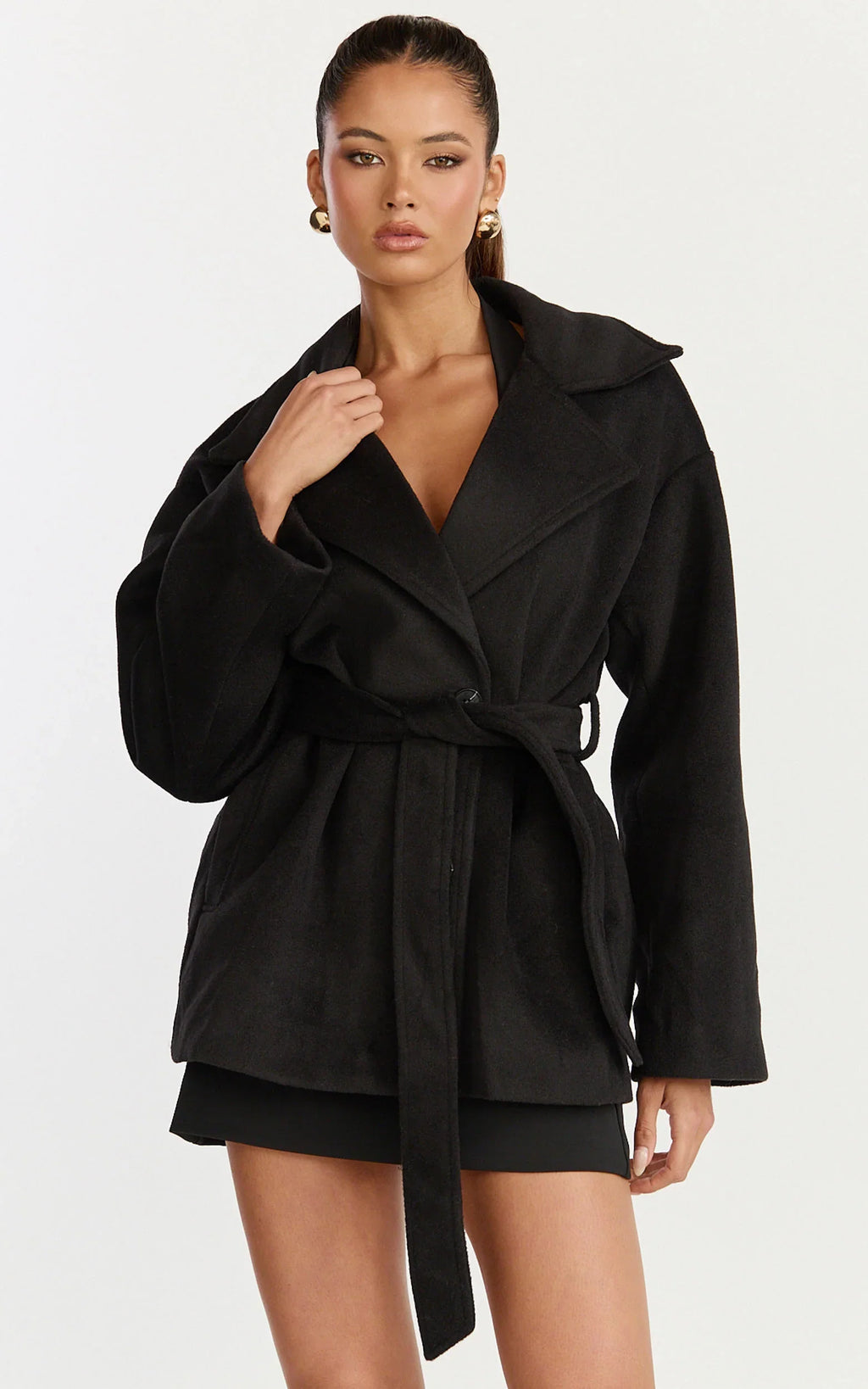Dahlia Coat - Single Breasted Belted Short Wool Like Coat in Black