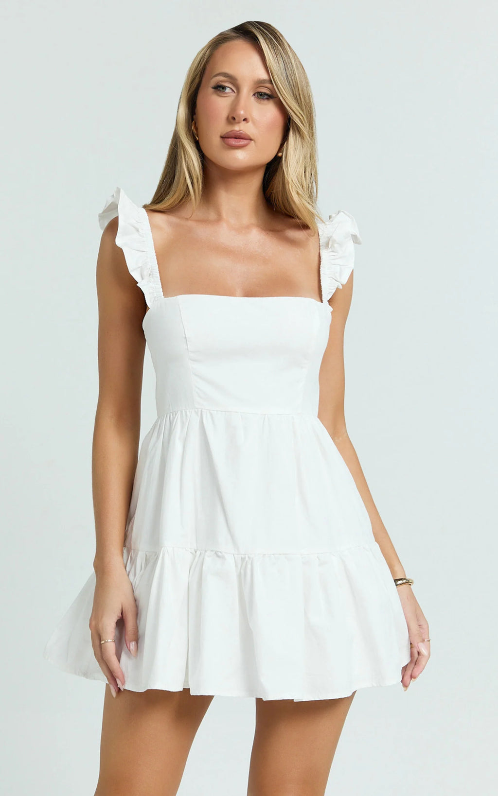 Ruffle Sleeve Tiered Dress in White